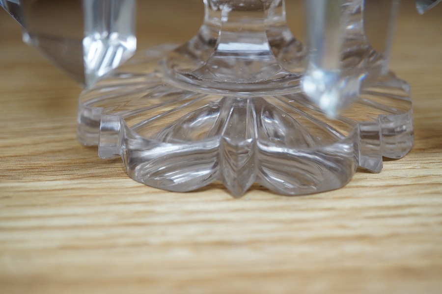 A pair of glass lustre drop candlesticks, 18cm high. Condition - fair to good